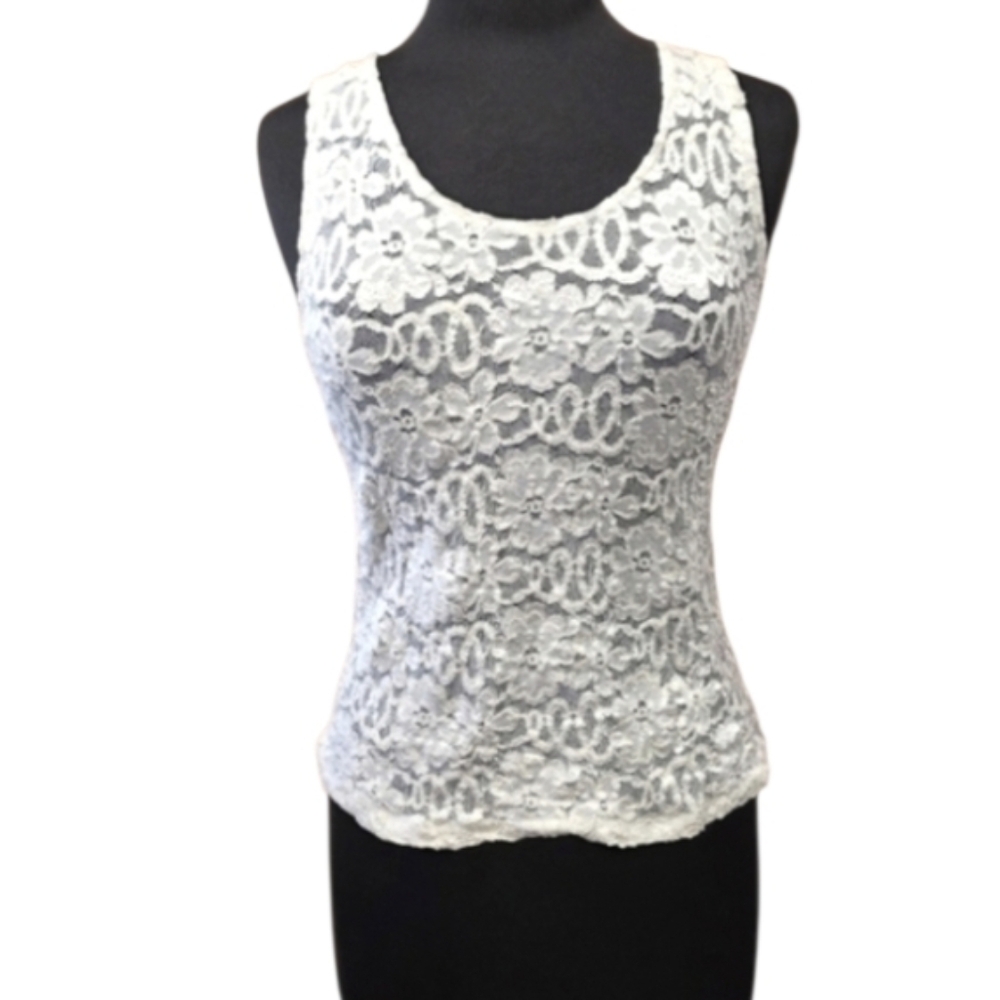 Vintage 90s Petticoat Row Tank Large Cream White Sheer Top Knit Lace Feminine